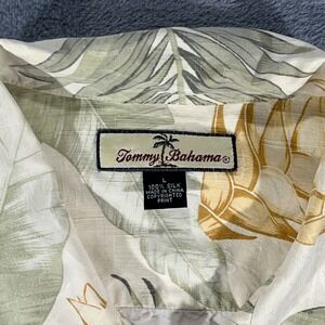 Tommy Bahama Mens Large Silk Tropical Camp Shirt Floral Palm Leaf Cream Green